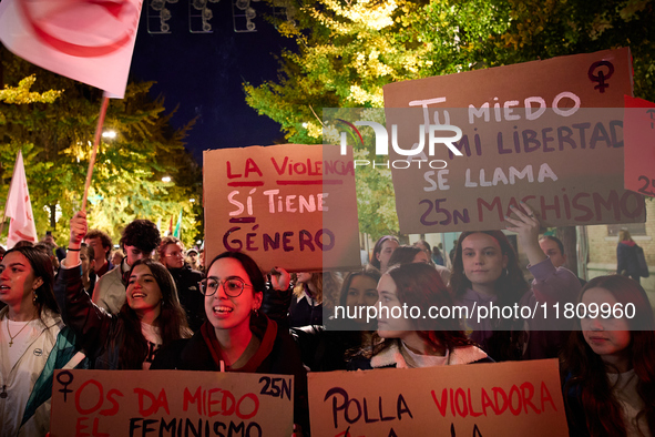 Protesters hold banners and shout slogans during the 25N demonstration, International Day for the Elimination of Violence against Women, in...