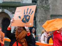 A hundred participants take part in a demonstration for International Women's Day in Bonn, Germany, on November 25, 2024, to raise awareness...