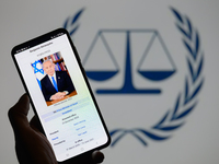 Benjamin Netanyahu appears on a smartphone with the International Criminal Court logo visible in the background in this photo illustration i...