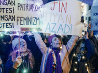 Women attend a demonstration to mark the International Day for the Elimination of Violence against Women near Istiklal Avenue in Istanbul, T...