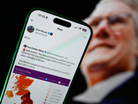 A post calling for a general election in the UK is seen reposted by Elon Musk with an image of Keir Starmer in the background in this illust...