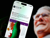 A post calling for a general election in the UK is seen reposted by Elon Musk with an image of Keir Starmer in the background in this illust...