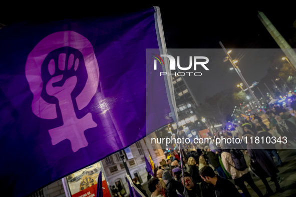 Thousands of women demonstrate in Barcelona, Catalonia, Spain, on November 25, 2024, convened by various parties, unions, and feminist organ...