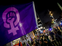 Thousands of women demonstrate in Barcelona, Catalonia, Spain, on November 25, 2024, convened by various parties, unions, and feminist organ...