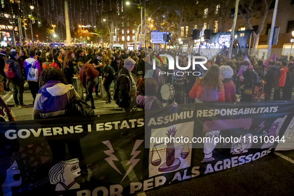 Thousands of women demonstrate in Barcelona, Catalonia, Spain, on November 25, 2024, convened by various parties, unions, and feminist organ...