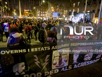 Thousands of women demonstrate in Barcelona, Catalonia, Spain, on November 25, 2024, convened by various parties, unions, and feminist organ...