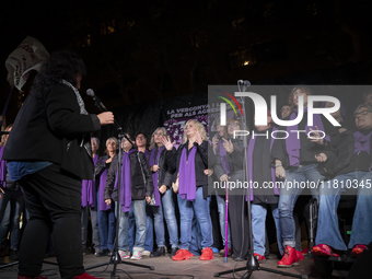 Thousands of women demonstrate in Barcelona, Catalonia, Spain, on November 25, 2024, convened by various parties, unions, and feminist organ...