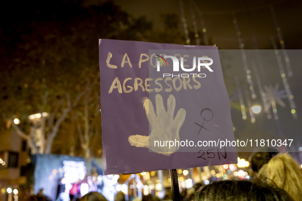 Thousands of women demonstrate in Barcelona, Catalonia, Spain, on November 25, 2024, convened by various parties, unions, and feminist organ...