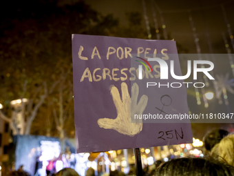 Thousands of women demonstrate in Barcelona, Catalonia, Spain, on November 25, 2024, convened by various parties, unions, and feminist organ...