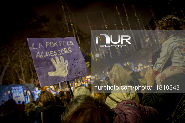 Thousands of women demonstrate in Barcelona, Catalonia, Spain, on November 25, 2024, convened by various parties, unions, and feminist organ...