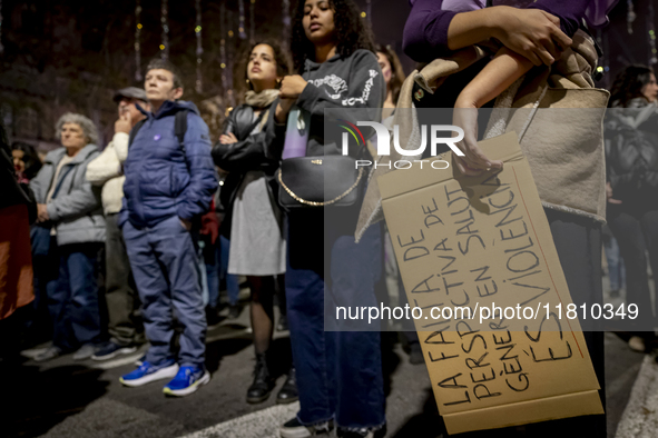 Thousands of women demonstrate in Barcelona, Catalonia, Spain, on November 25, 2024, convened by various parties, unions, and feminist organ...