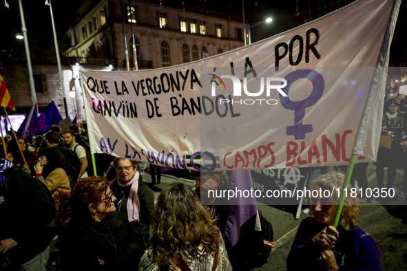 Thousands of women demonstrate in Barcelona, Catalonia, Spain, on November 25, 2024, convened by various parties, unions, and feminist organ...