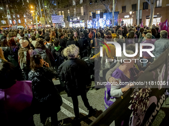 Thousands of women demonstrate in Barcelona, Catalonia, Spain, on November 25, 2024, convened by various parties, unions, and feminist organ...