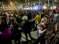 Thousands of women demonstrate in Barcelona, Catalonia, Spain, on November 25, 2024, convened by various parties, unions, and feminist organ...