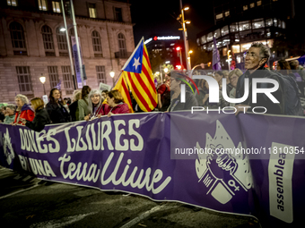 Thousands of women demonstrate in Barcelona, Catalonia, Spain, on November 25, 2024, convened by various parties, unions, and feminist organ...