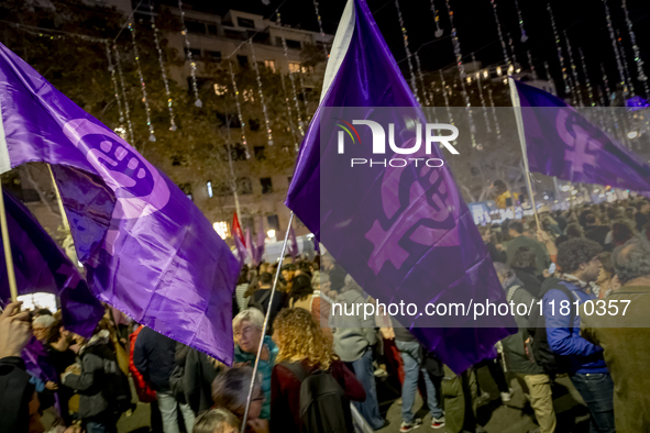 Thousands of women demonstrate in Barcelona, Catalonia, Spain, on November 25, 2024, convened by various parties, unions, and feminist organ...