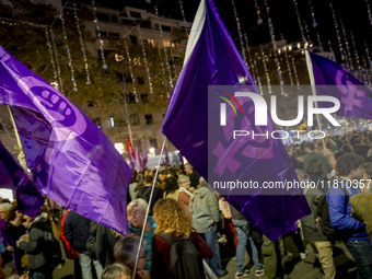 Thousands of women demonstrate in Barcelona, Catalonia, Spain, on November 25, 2024, convened by various parties, unions, and feminist organ...