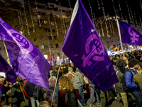 Thousands of women demonstrate in Barcelona, Catalonia, Spain, on November 25, 2024, convened by various parties, unions, and feminist organ...