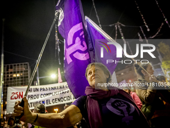 Thousands of women demonstrate in Barcelona, Catalonia, Spain, on November 25, 2024, convened by various parties, unions, and feminist organ...