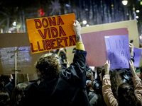 Thousands of women demonstrate in Barcelona, Catalonia, Spain, on November 25, 2024, convened by various parties, unions, and feminist organ...