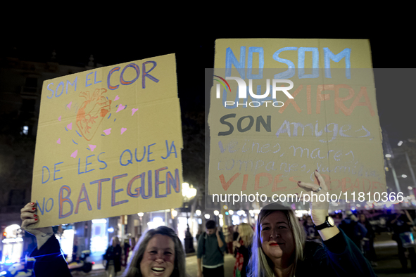 Thousands of women demonstrate in Barcelona, Catalonia, Spain, on November 25, 2024, convened by various parties, unions, and feminist organ...