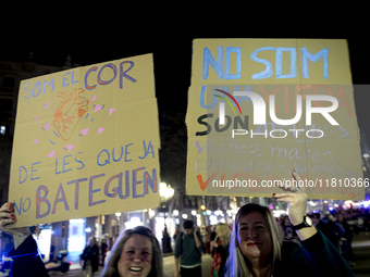 Thousands of women demonstrate in Barcelona, Catalonia, Spain, on November 25, 2024, convened by various parties, unions, and feminist organ...