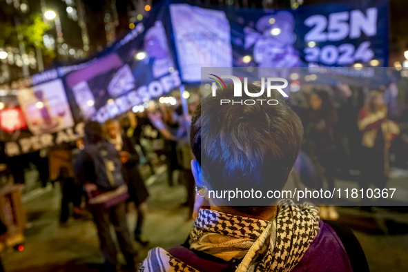 Thousands of women demonstrate in Barcelona, Catalonia, Spain, on November 25, 2024, convened by various parties, unions, and feminist organ...