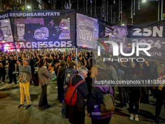 Thousands of women demonstrate in Barcelona, Catalonia, Spain, on November 25, 2024, convened by various parties, unions, and feminist organ...