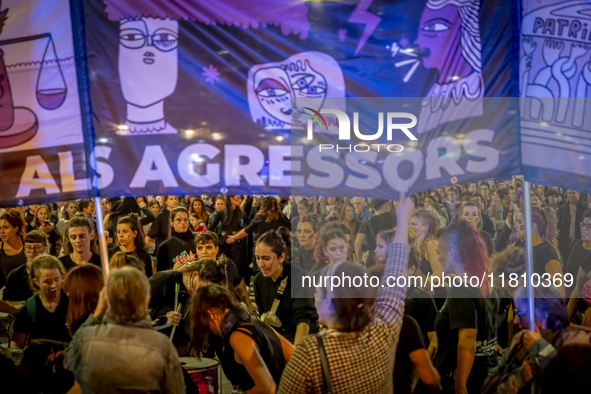 Thousands of women demonstrate in Barcelona, Catalonia, Spain, on November 25, 2024, convened by various parties, unions, and feminist organ...