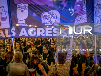 Thousands of women demonstrate in Barcelona, Catalonia, Spain, on November 25, 2024, convened by various parties, unions, and feminist organ...