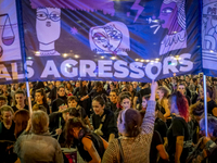 Thousands of women demonstrate in Barcelona, Catalonia, Spain, on November 25, 2024, convened by various parties, unions, and feminist organ...