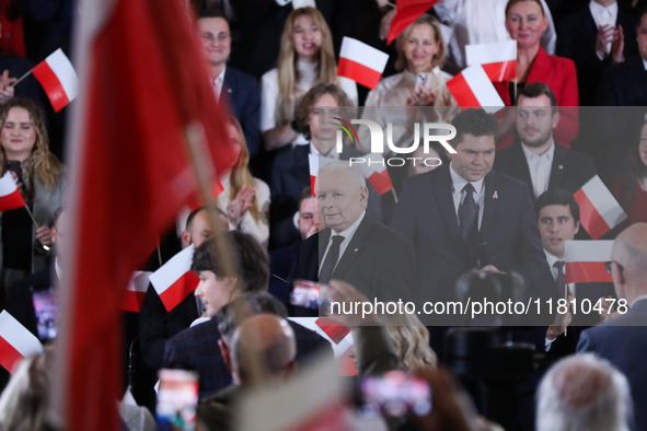 In Krakow, Poland, on November 24, 2024, party president Jaroslaw Kaczynski introduces presidential candidate Karol Nawrocki during the Law...