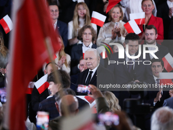 In Krakow, Poland, on November 24, 2024, party president Jaroslaw Kaczynski introduces presidential candidate Karol Nawrocki during the Law...