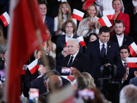 In Krakow, Poland, on November 24, 2024, party president Jaroslaw Kaczynski introduces presidential candidate Karol Nawrocki during the Law...