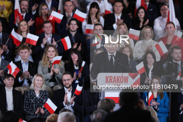 In Krakow, Poland, on November 24, 2024, party president Jaroslaw Kaczynski introduces presidential candidate Karol Nawrocki during the Law...