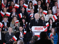 In Krakow, Poland, on November 24, 2024, party president Jaroslaw Kaczynski introduces presidential candidate Karol Nawrocki during the Law...