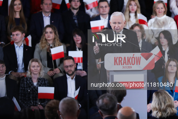 In Krakow, Poland, on November 24, 2024, party president Jaroslaw Kaczynski introduces presidential candidate Karol Nawrocki during the Law...