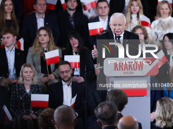 In Krakow, Poland, on November 24, 2024, party president Jaroslaw Kaczynski introduces presidential candidate Karol Nawrocki during the Law...