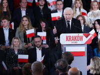 In Krakow, Poland, on November 24, 2024, party president Jaroslaw Kaczynski introduces presidential candidate Karol Nawrocki during the Law...