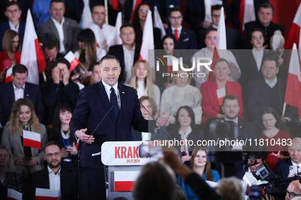 In Krakow, Poland, on November 24, 2024, the newly presented presidential candidate, Polish historian and president of the Institute of Nati...