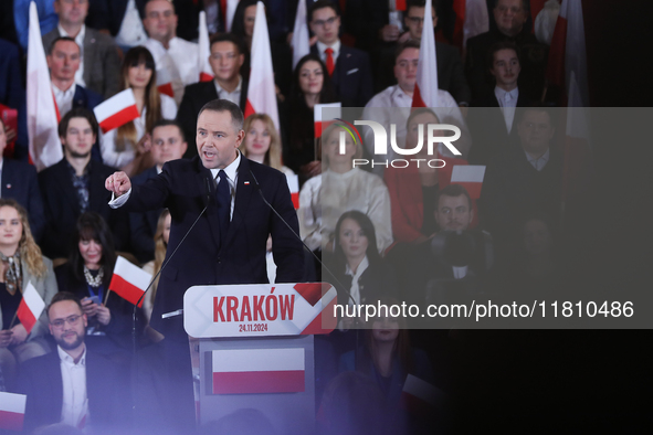 In Krakow, Poland, on November 24, 2024, the newly presented presidential candidate, Polish historian and president of the Institute of Nati...