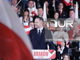 In Krakow, Poland, on November 24, 2024, the newly presented presidential candidate, Polish historian and president of the Institute of Nati...