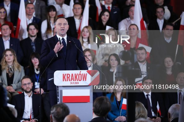 In Krakow, Poland, on November 24, 2024, the newly presented presidential candidate, Polish historian and president of the Institute of Nati...