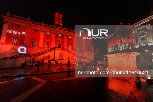 The facade of the Palazzo Senatorio of the Campidoglio in Rome, seat of the municipal administration, is lit up in red on the occasion of th...