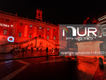 The facade of the Palazzo Senatorio of the Campidoglio in Rome, seat of the municipal administration, is lit up in red on the occasion of th...