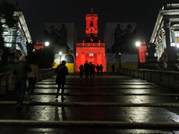 The facade of the Palazzo Senatorio of the Campidoglio in Rome, seat of the municipal administration, is lit up in red on the occasion of th...