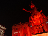 The facade of the Palazzo Senatorio of the Campidoglio in Rome, seat of the municipal administration, is lit up in red on the occasion of th...