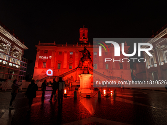 The facade of the Palazzo Senatorio of the Campidoglio in Rome, seat of the municipal administration, is lit up in red on the occasion of th...