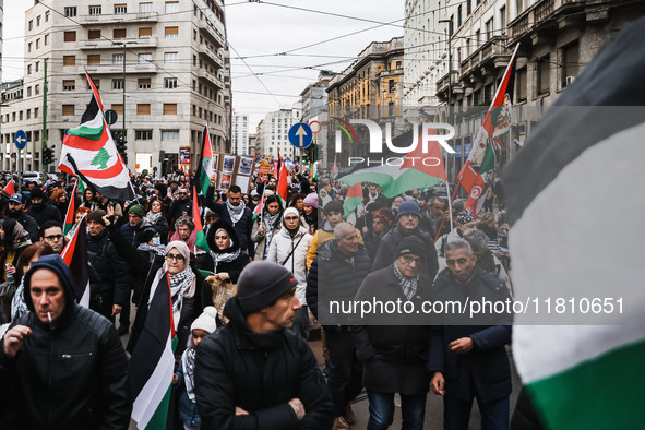 Demonstrators participate in a pro-Palestinian protest in Piazza Duomo in Milan, Italy, on November 23, 2024 