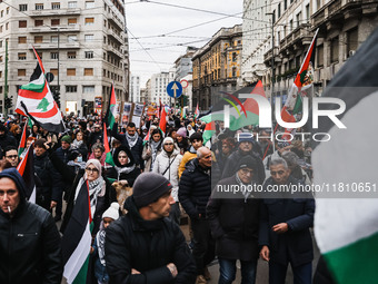 Demonstrators participate in a pro-Palestinian protest in Piazza Duomo in Milan, Italy, on November 23, 2024 (